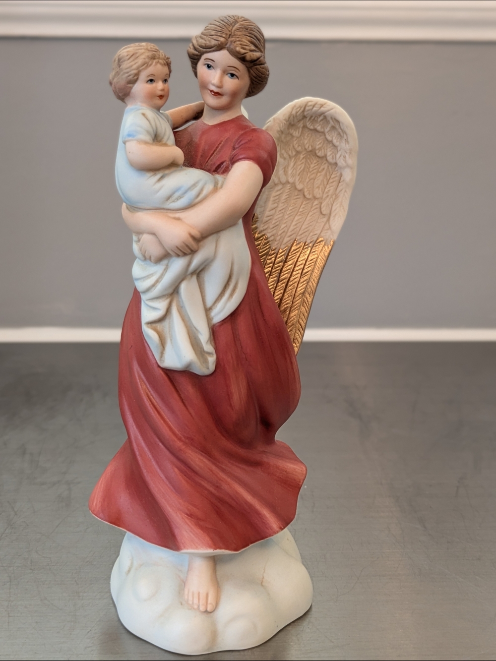 Ceramic Angel Figurine Holding Child - Decorative Home Art